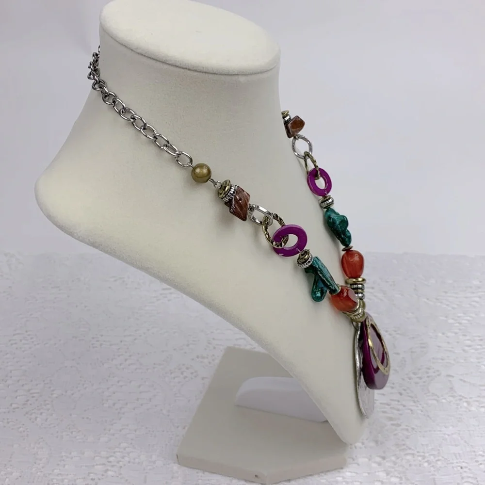 Statement Necklace Silver Chain Multicolor beads and metal pendants Adjustable